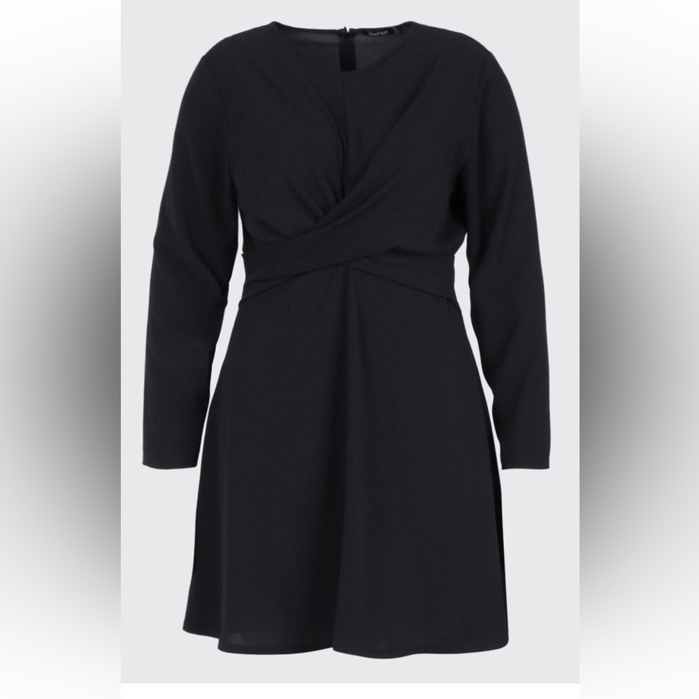 Boohoo Black Wrap Front Woven Skater Dress